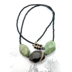 Geometric Stone Bead Necklace Green Brown Faceted Statement 15"